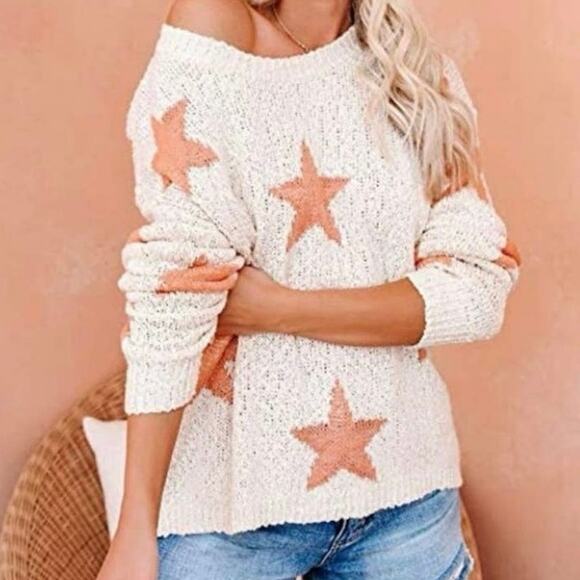 New Cream Orange Star Knit Sweater Small - Picture 1 of 4